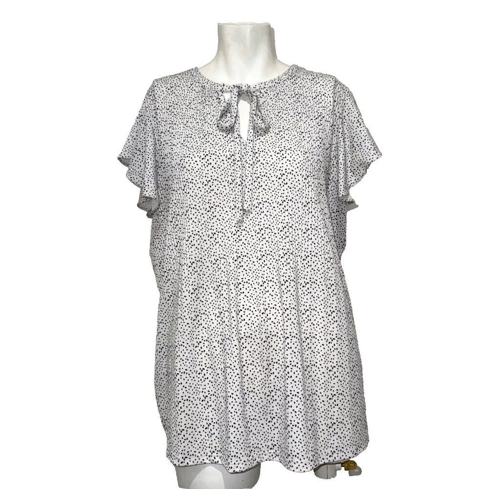 ADRIANNA PAPELL M Black White Dots Pleated Knit Double Sleeve Cottage Core Top